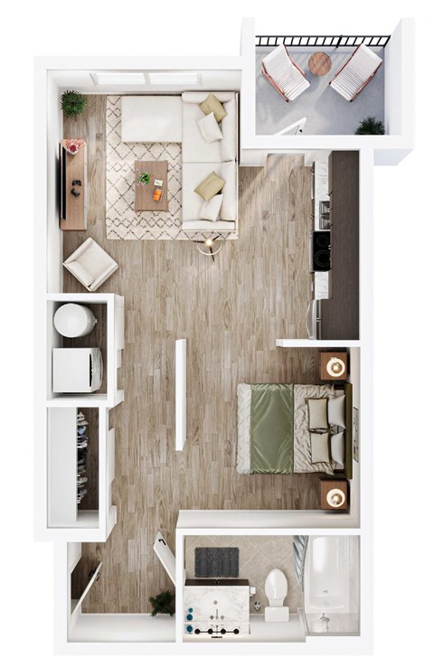 a stylized floor plan of a bedroom with a bathroom